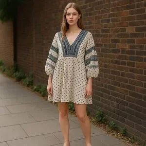 Free People Sweet Southwest Embroidered Blue Cream 3/4 Bishop Sleeves Dress